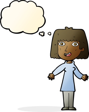 Bir insan tarafından çizilmiş düşünce balonlu mutlu kadın çizgi filmi.