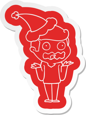 Bir insan tarafından çizilmiş Noel Baba şapkasıyla strese girmiş bir adamın garip çizgi film etiketi.