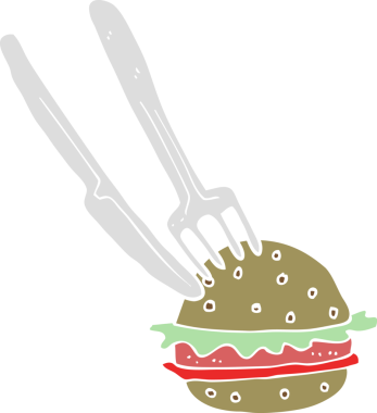 Bir insan tarafından çizilmiş hamburgerdeki çatal ve bıçağın düz renk çizimi