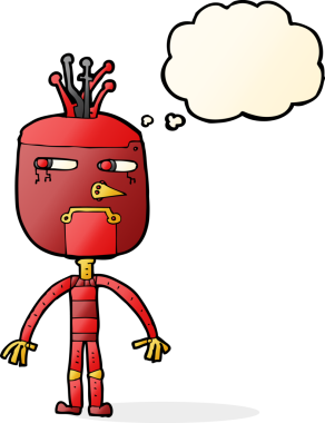 Bir insan tarafından çizilmiş düşünce baloncuklu komik robot.