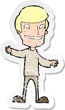 Bir insan tarafından çizilmiş sırıtan bir çizgi film karakterinin kederli retro yapıştırması.