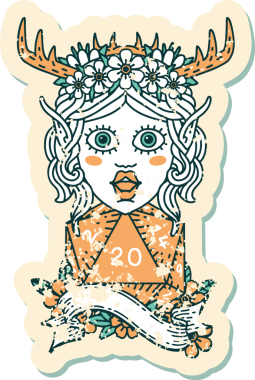 Retro Dövme Tarzı Elf Karakteri Bir insan tarafından çizilmiş doğal yirmi zar ile