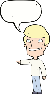 Bir insan tarafından çizilmiş konuşma balonuyla işaret eden mutlu adam çizgi filmi.