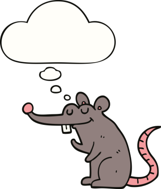 Bir insan tarafından çizilmiş düşünce baloncuklu çizgi film faresi.