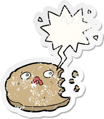 Konuşma balonlu çizgi film kurabiyesi bir insan tarafından çizilmiş sıkıntılı eski bir çıkartma