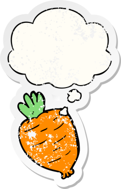 Düşünce baloncuğu olan karikatür kökü sebzesi insan tarafından çizilmiş yıpranmış bir çıkartma.