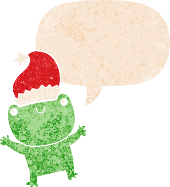 Hoş bir çizgi film kurbağası, Noel şapkası takıyor ve grunge şeklinde konuşma baloncuğu takıyor. Eski moda bir insan tarafından çizilmiş.
