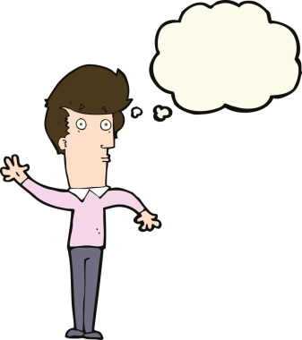 Bir insan tarafından çizilmiş düşünce baloncuğuyla el sallayan sinirli bir adam.