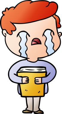 Çizgi filmci, elinde bir insan tarafından çizilmiş bir kitapla ağlıyor.