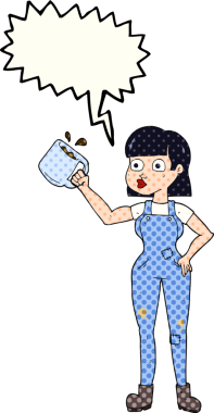 Bir insan tarafından çizilmiş kahve fincanı ile serbest çizilmiş çizgi roman konuşma balonu kadın çalışanı.