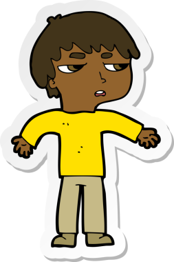 Çizgi film çıkartması. Bir insan tarafından çizilmiş rahatsız çocuk.