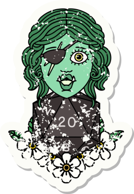 Bir insan tarafından çizilmiş 20 zarlı yarım ork serserisinin grunge sticker 'ı.