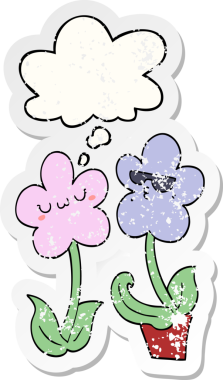 Düşünce baloncuğu olan sevimli bir karikatür çiçeği insan tarafından çizilmiş yıpranmış bir çıkartma gibi.