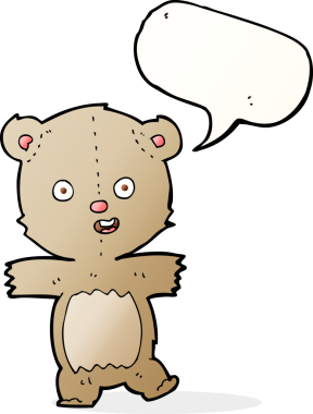 Bir insan tarafından çizilmiş konuşma balonlu dans eden oyuncak ayı.