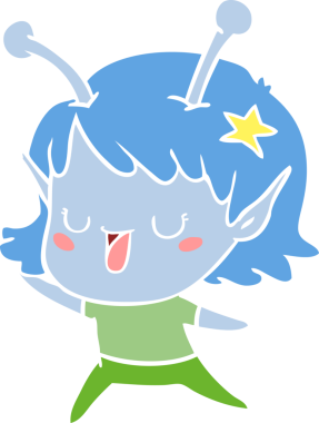 Mutlu uzaylı kız düz renkli çizgi film bir insan tarafından çizildi.