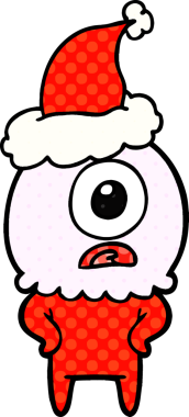 Bir insan tarafından çizilmiş Noel Baba şapkası giyen bir Tepegöz uzaylı uzay adamının el çizimi çizgi roman çizimi.