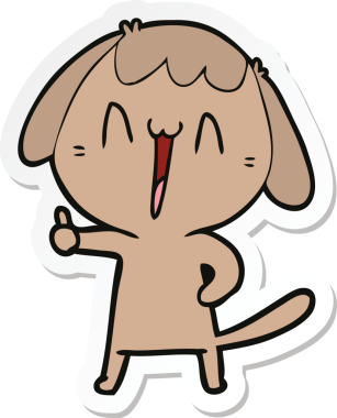 Bir insan tarafından çizilmiş gülen bir köpeğin çıkartması.