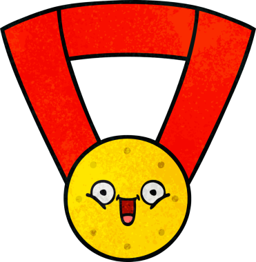 Bir insan tarafından çizilmiş altın madalyanın retro grunge desenli karikatürü