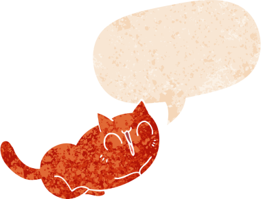 Mutlu çizgi film kedisi grunge 'da konuşma baloncuğu ile sıkıntılı retro dokuma tarzı bir insan tarafından çizilmiş