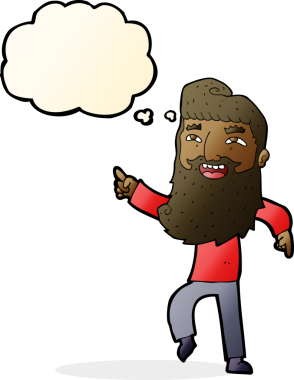 Çizgi filmdeki sakallı adam gülüyor ve bir insan tarafından çizilmiş düşünce balonuyla işaret ediyor.