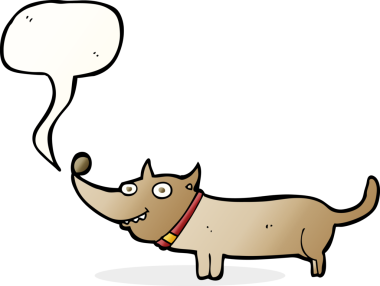 bir insan tarafından çizilmiş konuşma balonlu mutlu bir köpek.