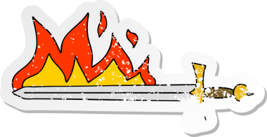 Bir insan tarafından çizilmiş garip bir el çıkartması çizilmiş yanan bir kılıç.