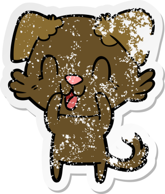 Bir insan tarafından çizilmiş, gülen bir köpeğin sıkıntılı çıkartması.