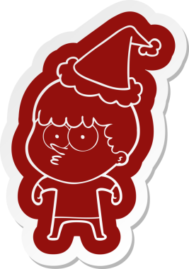 Bir insan tarafından çizilmiş Noel Baba şapkası giyen meraklı bir çocuğun garip çizgi film çıkartması.