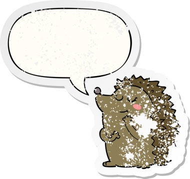 Tatlı çizgi film kirpisi. Konuşma baloncuğu olan. Bir insan tarafından çizilmiş sıkıntılı eski bir çıkartma.