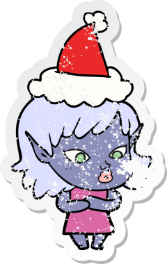 Bir insan tarafından çizilmiş Noel Baba şapkası takan bir elf kızı çizilmiş güzel bir el yazısı.