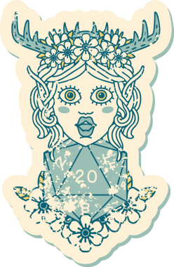 Retro Dövme Tarzı Elf Karakteri Nautral 20 zar bir insan tarafından çizilmiş