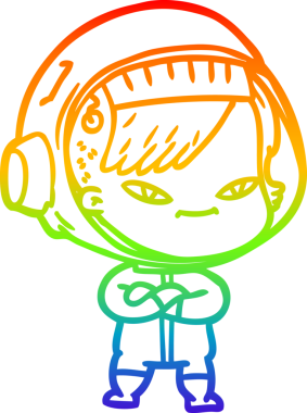 Gökkuşağı gradyan çizgi çizimi bir insan tarafından çizilmiş astronot bir kadın.