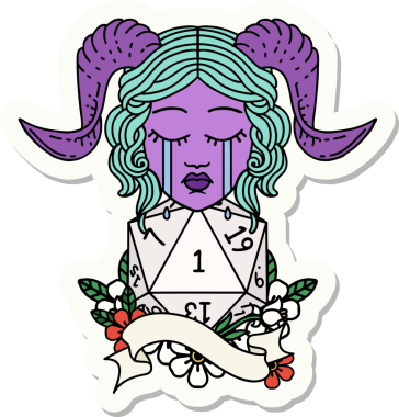 Ağlama etiketi, bir insan tarafından çizilmiş doğal bir D20 rulo ile bağlanıyor.