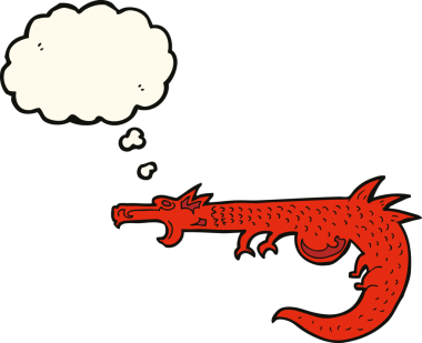 Bir insan tarafından çizilmiş düşünce baloncuklu ortaçağ ejderhası.