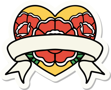 Geleneksel kalp stili dövme çıkartması ve bir insan tarafından çizilmiş çiçekli pankart.