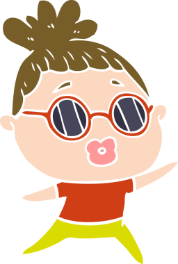 Bir insan tarafından çizilmiş güneş gözlüğü takan düz renkli dans eden kadın.