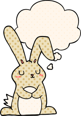 Çizgi roman tarzında bir insan tarafından çizilmiş düşünce kabarcığı olan çizgi film tavşanı.