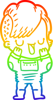 Gökkuşağı gradyan çizimi. Hipster saç kesimi bir insan tarafından çizilmiş şirin bir çizgi film kızı.