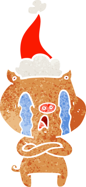 Ağlayan domuz eli bir insan tarafından çizilmiş Noel Baba şapkası çizilmiş.