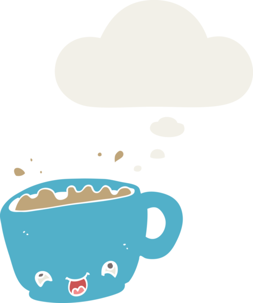 Düşünce baloncuklu bir kahve fincanı insan tarafından çizilmiş.