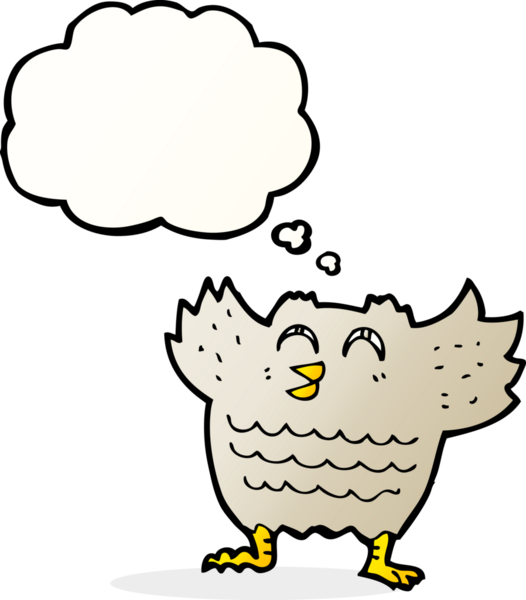 Bir insan tarafından çizilmiş düşünce baloncuklu çizgi film baykuşu