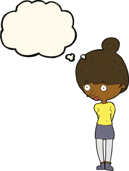 Bir insan tarafından çizilmiş düşünce balonuyla bakan çizgi film kadını.