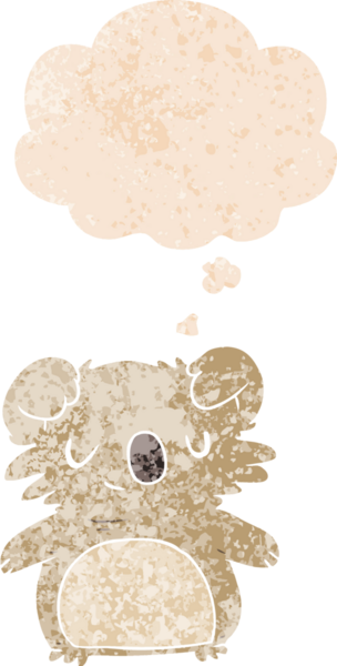 grunge 'da düşünce baloncuğu olan çizgi film koalası bir insan tarafından çizilmiş tedirgin geçmiş dokuma tarzı