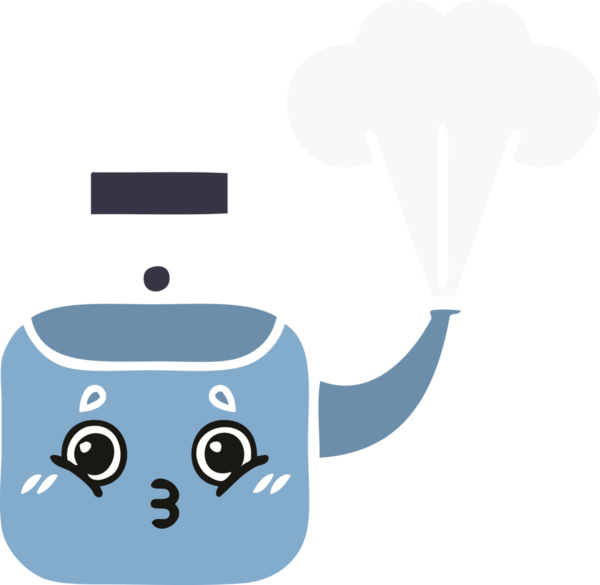 Bir insan tarafından çizilen dumanı tüten bir çaydanlığın düz renkli retro karikatürü