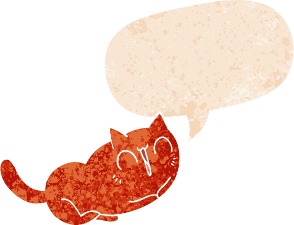 Mutlu çizgi film kedisi grunge 'da konuşma baloncuğu ile sıkıntılı retro dokuma tarzı bir insan tarafından çizilmiş