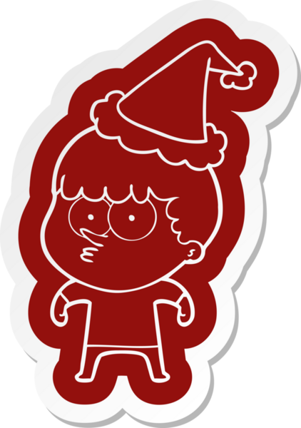 Bir insan tarafından çizilmiş Noel Baba şapkası giyen meraklı bir çocuğun garip çizgi film çıkartması.