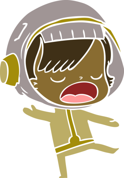 Düz renkli çizgi film konuşan astronot kadın bir insan tarafından çizilmiş.