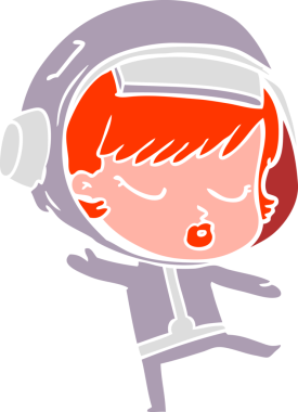 Düz renkli çizgi film. Güzel astronot kız. Bir insan tarafından çizilmiş.