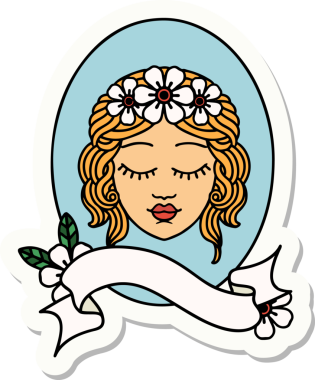 Bir insan tarafından çizilmiş gözleri olan bir bakirenin sancağıyla dövme stili çıkartması.