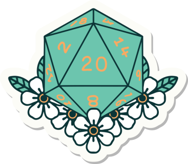 Bir insan tarafından çizilmiş 20 D20 zarının etiketi.